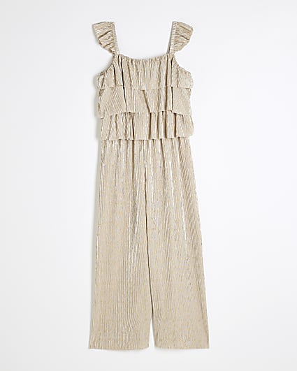 Girls Gold Plisse Ruffle Jumpsuit