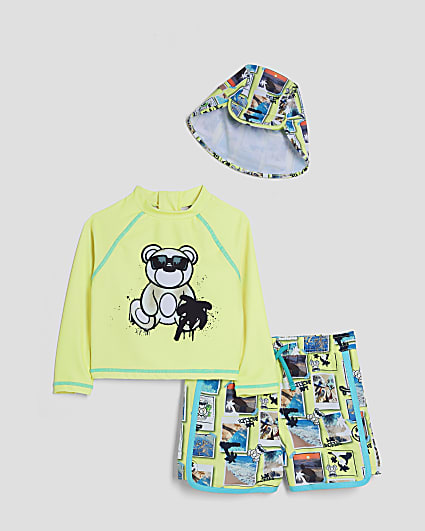 Mini Boys Yellow Graffiti Bear Swim Set