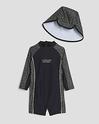 Mini Boys Black Swim Rashsuit & Hat Set