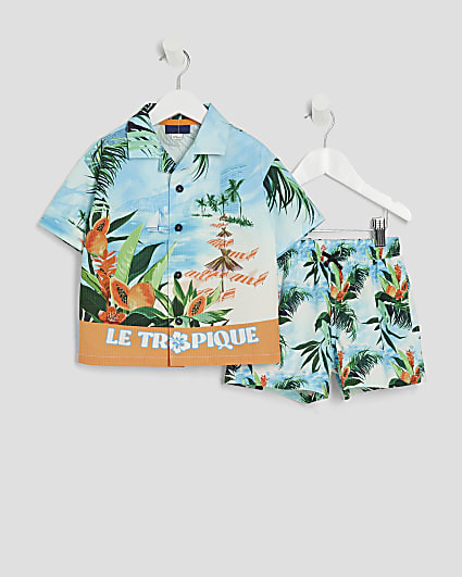 Mini Boys Blue Resort Shirt & Shorts Swim Set