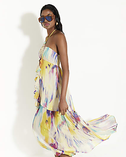 Purple Blurred Print Frill Beach Maxi Dress