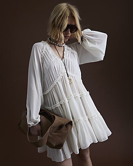 Yellow Long Sleeve Ruffle Smock Mini Dress