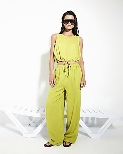 Lime Linen Blend Wide Leg Trousers