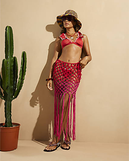 Red Del Maar Macramé Beach Maxi Skirt