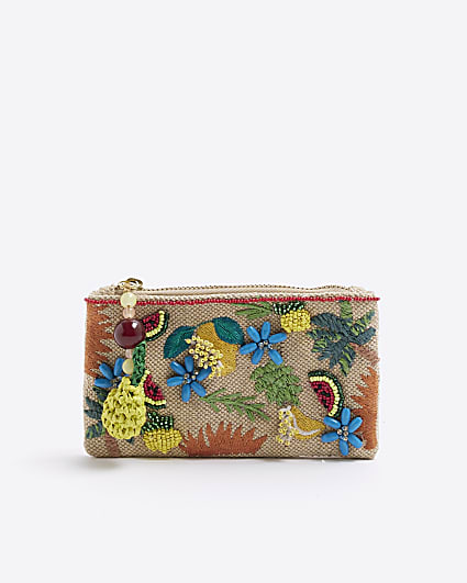 Beige Fruit Beaded Pouch