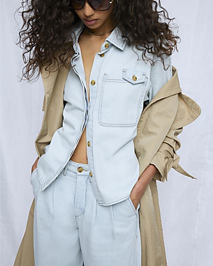 Blue Denim Short Sleeve Loose Pocket Shirt