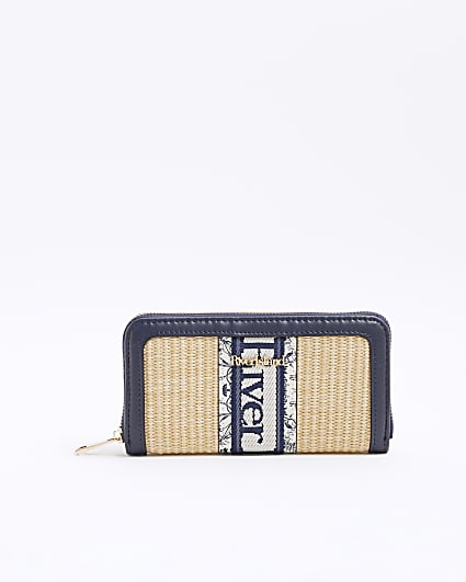 Beige Raffia Logo Webbing Purse