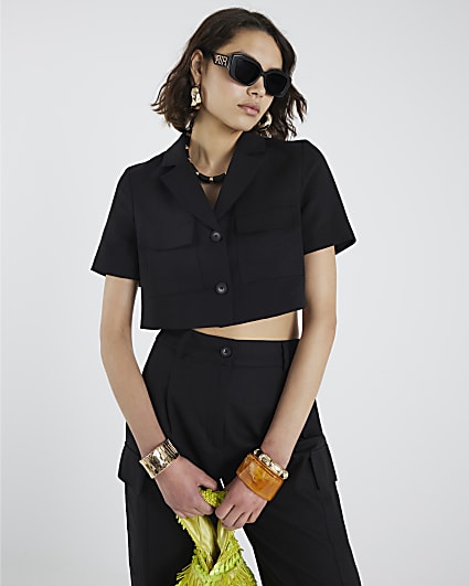 Black Linen Blend Cropped Pocket Jacket