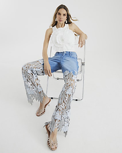 Blue Relaxed Straight Leg Lace Jeans