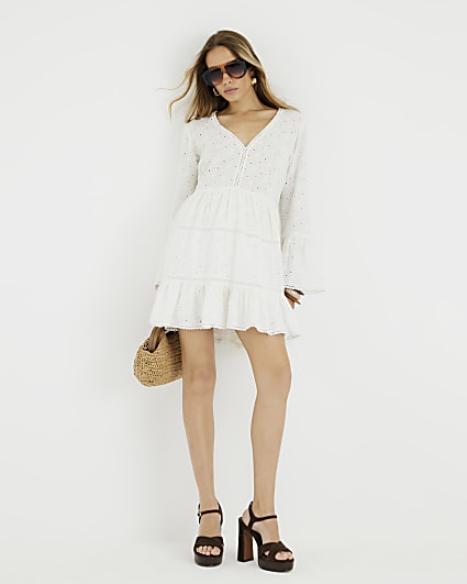 Cream Broderie Long Sleeve Beach Mini Dress