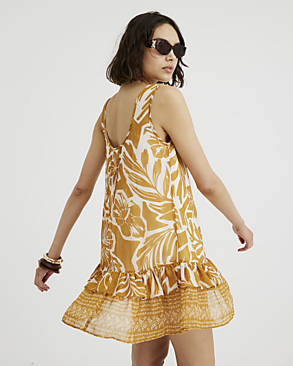 Orange Floral Print Mini Slip Dress