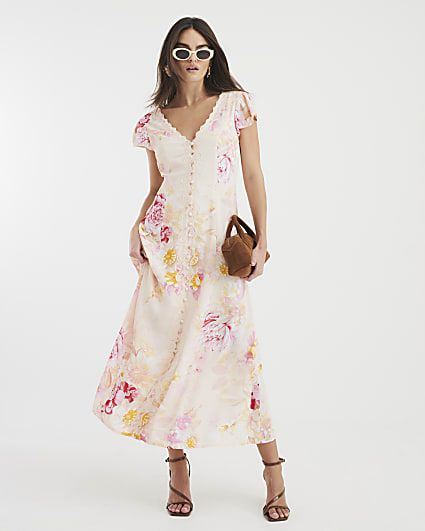 Pink Lace Angel Sleeve Floral Midi Slip Dress