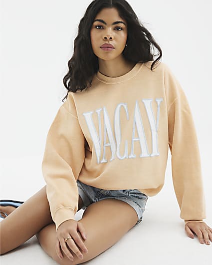 Orange Long Sleeve Vacay Slogan Sweatshirt