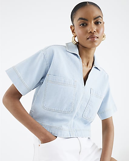 Blue Denim Boxy Fit Short Sleeve Shirt