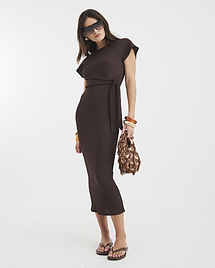Brown Short Sleeve Textured Midi Dress