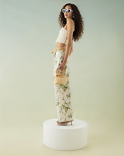 Cream Floral Belted Wide Leg Trousers